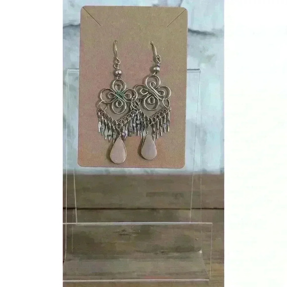 Boho Chandelier Silver Tone Dangle Earrings w/ Pink Stone Accent - Picture 2 of 2